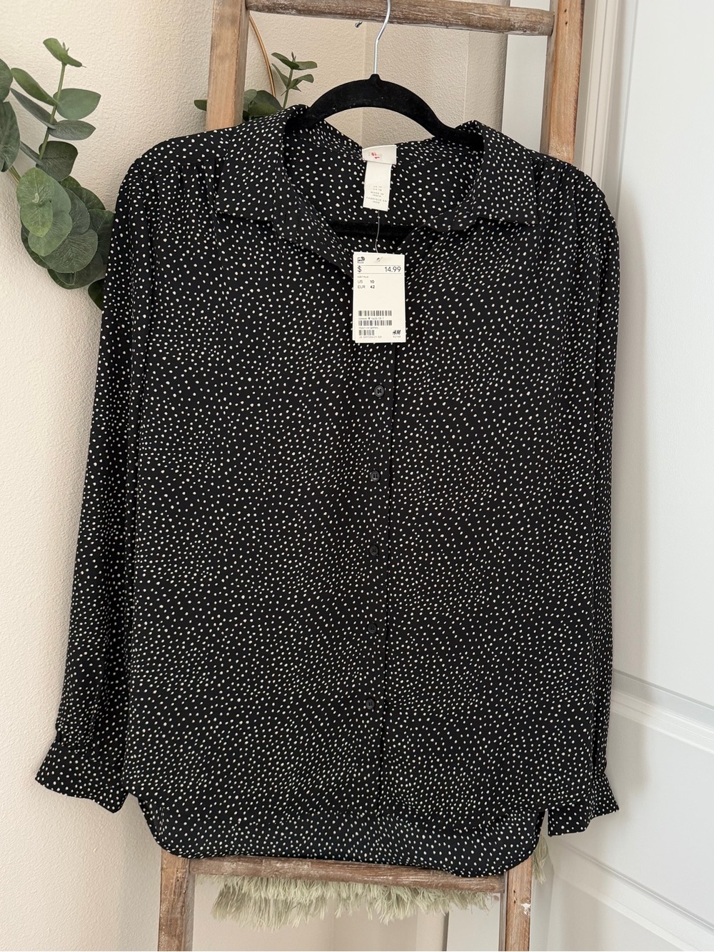 H&M Black White Polka Dot Button Front Long Sleeve Blouse Size 10 NWT